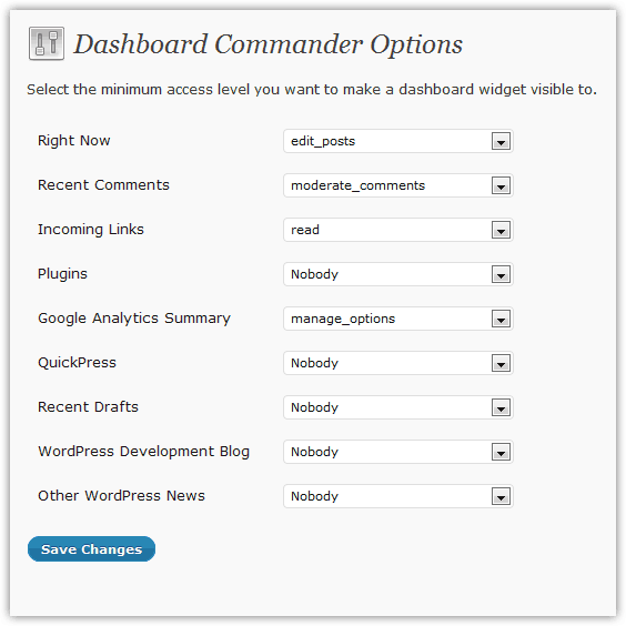 Dashboard Commander Options